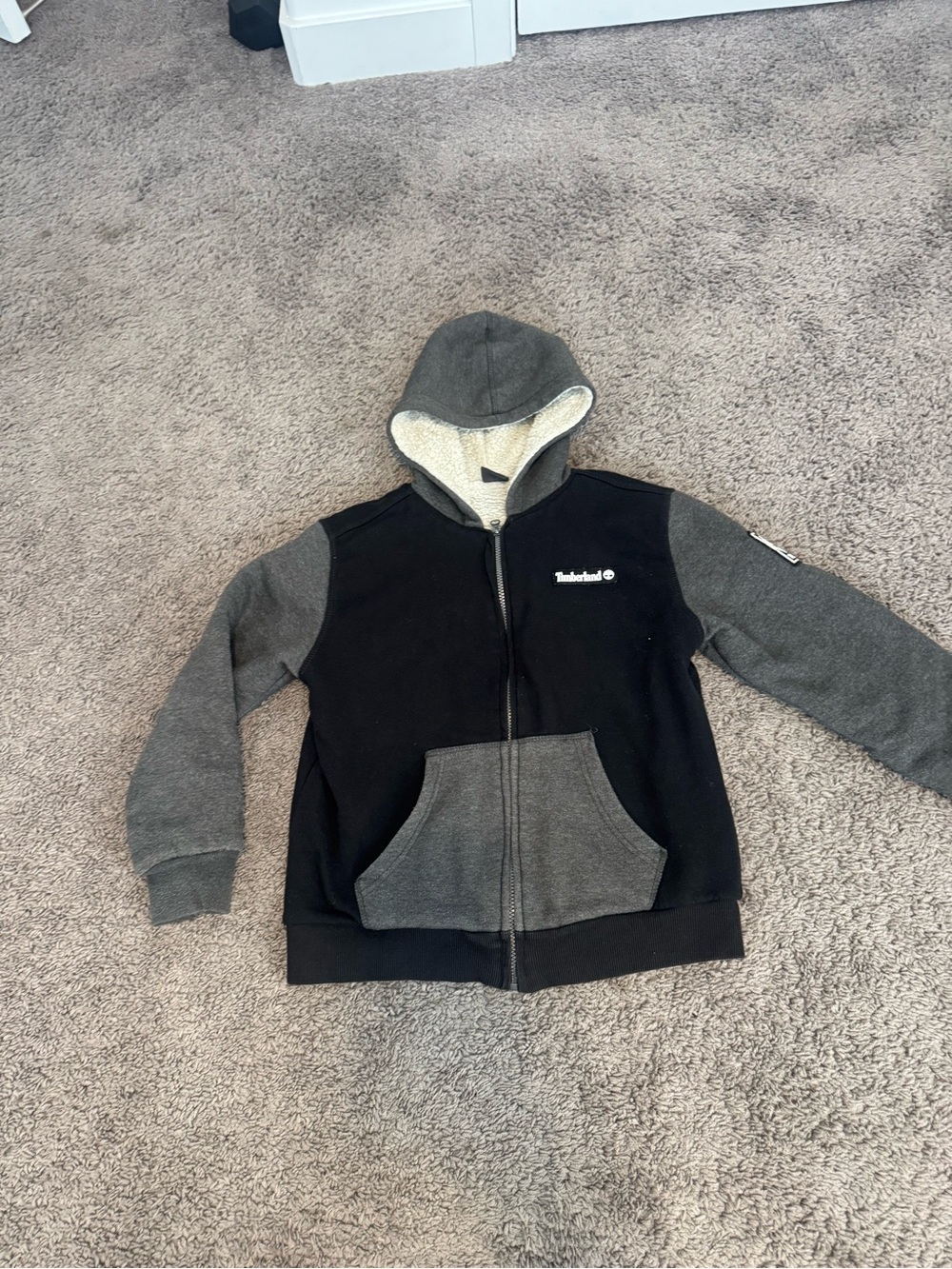 Timberland Kids Two-Tone Gray & Black Hooded Sherpa Zip Jacket SZ M